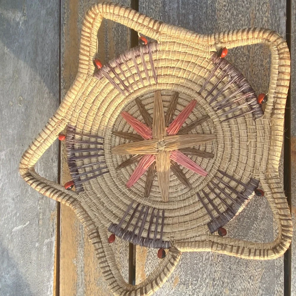 Handcrafted Woven Grass Star Basket Sunburst Wall Decor Boho Fiber Art Beads 14